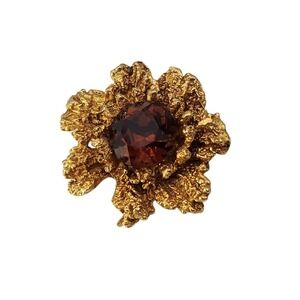 Vintage gold tone signed Benedikt NY amber rhinestone floral brooch pin